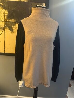 Beige and Black Turtleneck Sweater - Lightweight Colorblock Tunic